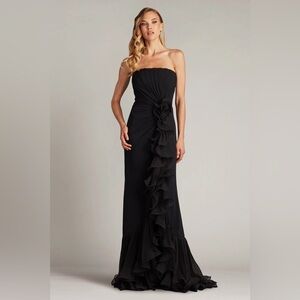 new Tadashi Shoji LEITH CASCADING RUFFLE GOWN in black